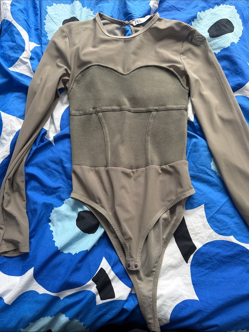 Zara Olive-Taupe Long Sleeve Ribbed Panel One-Piece Bodysuit